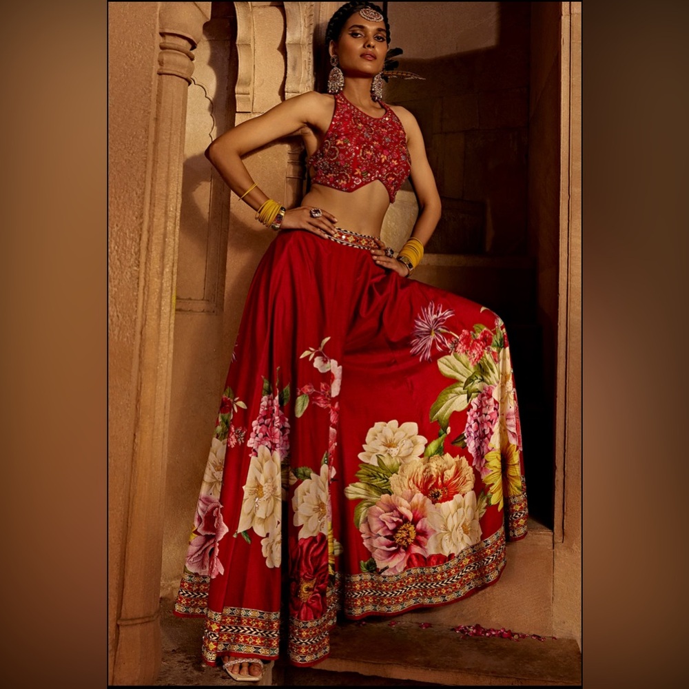 Crimson Red Raw Silk Floral Sharara Set